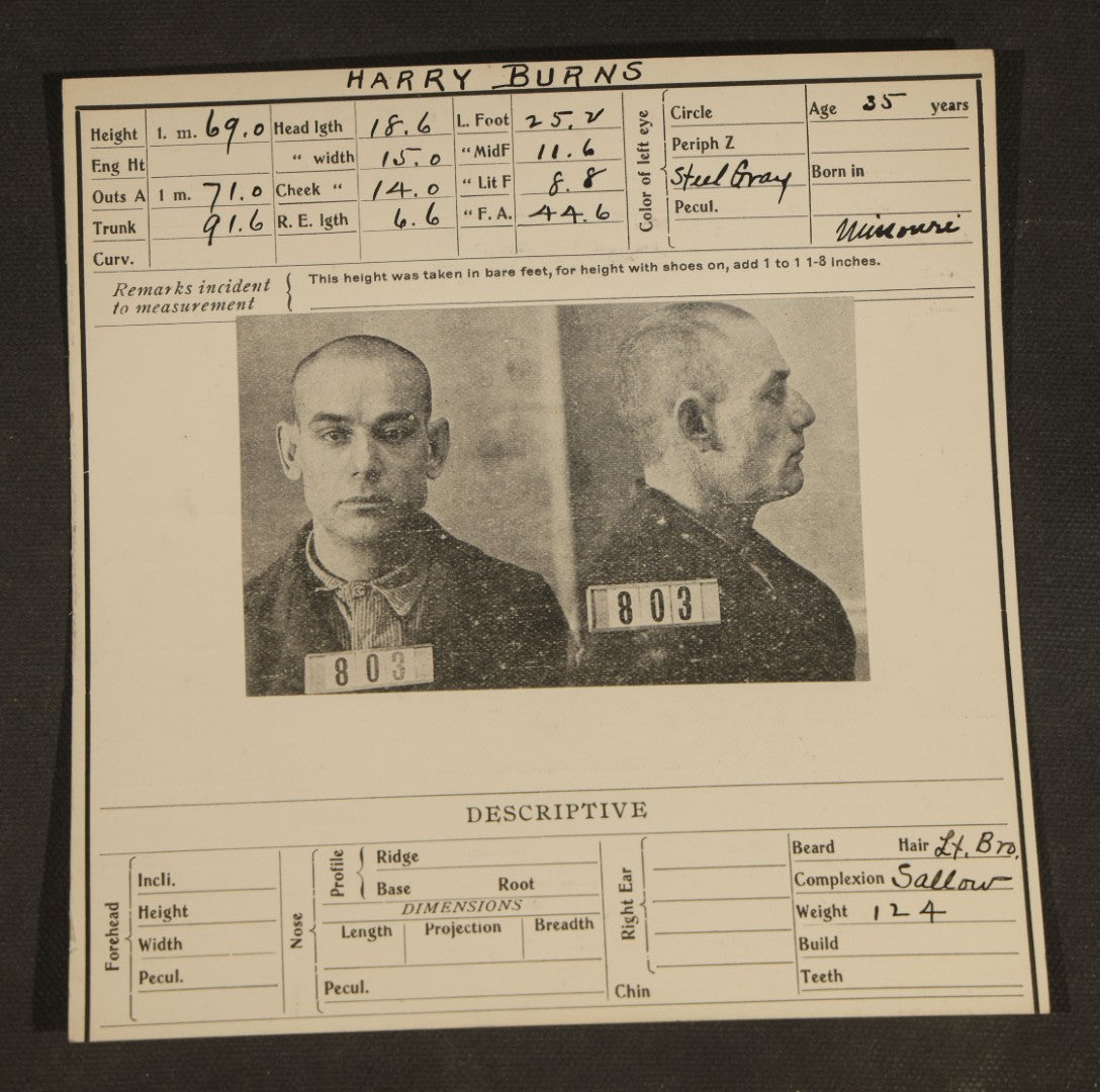 Grouping of Seven Antique Police Mugshot and Arrest Cards with Printed Photographs including John Ryan, Wanted for Auto Theft