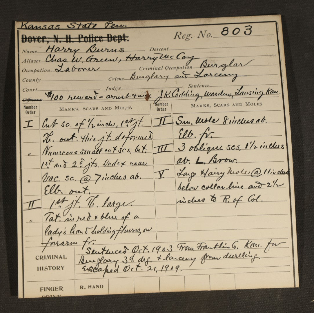 Grouping of Seven Antique Police Mugshot and Arrest Cards with Printed Photographs including John Ryan, Wanted for Auto Theft