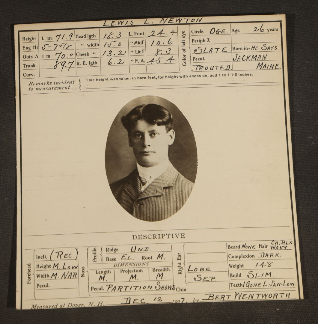 Grouping of Seven Antique Police Mugshot and Arrest Cards with Printed Photographs including John Ryan, Wanted for Auto Theft