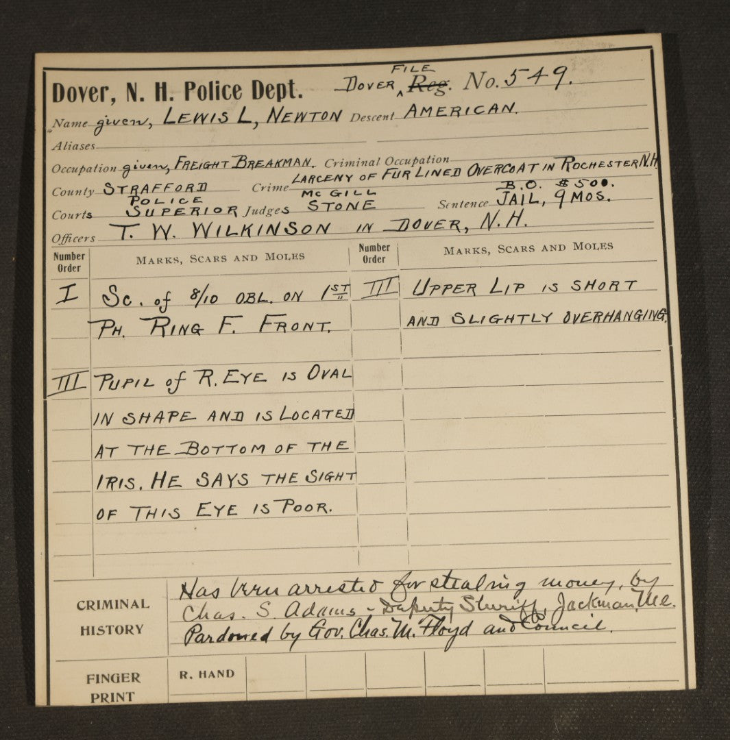Grouping of Seven Antique Police Mugshot and Arrest Cards with Printed Photographs including John Ryan, Wanted for Auto Theft