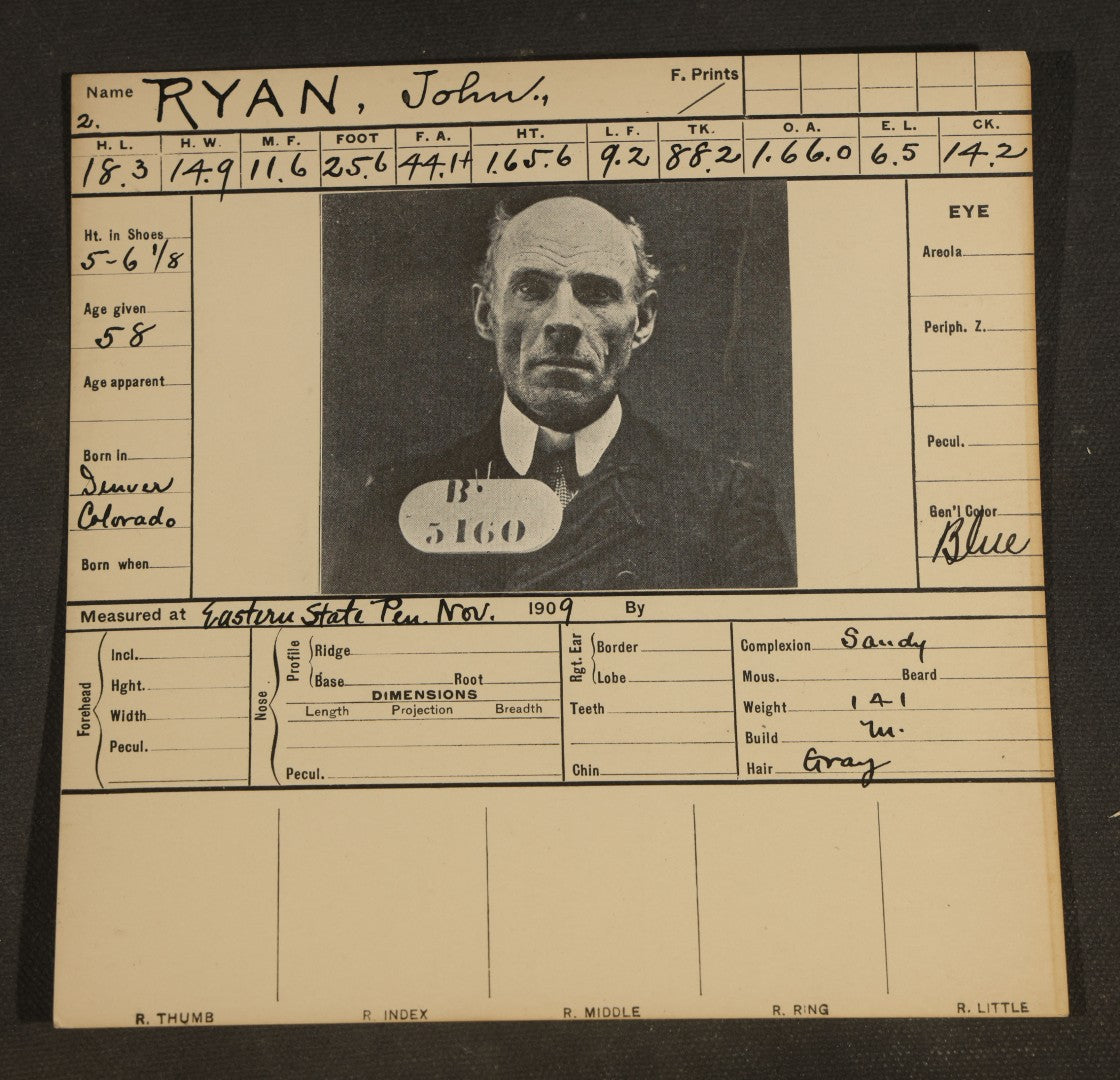 Grouping of Seven Antique Police Mugshot and Arrest Cards with Printed Photographs including John Ryan, Wanted for Auto Theft