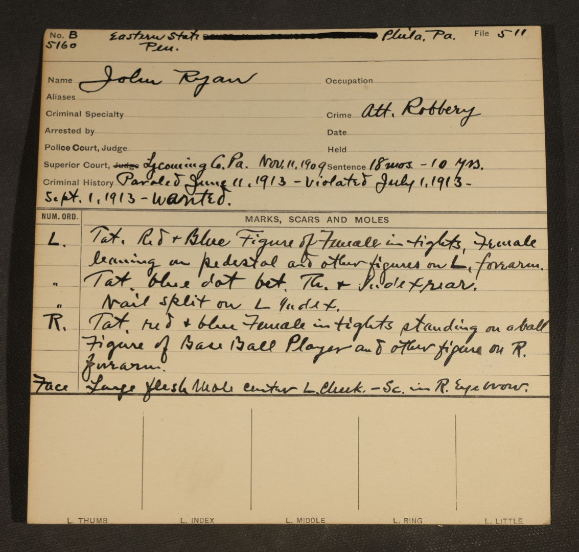Grouping of Seven Antique Police Mugshot and Arrest Cards with Printed Photographs including John Ryan, Wanted for Auto Theft