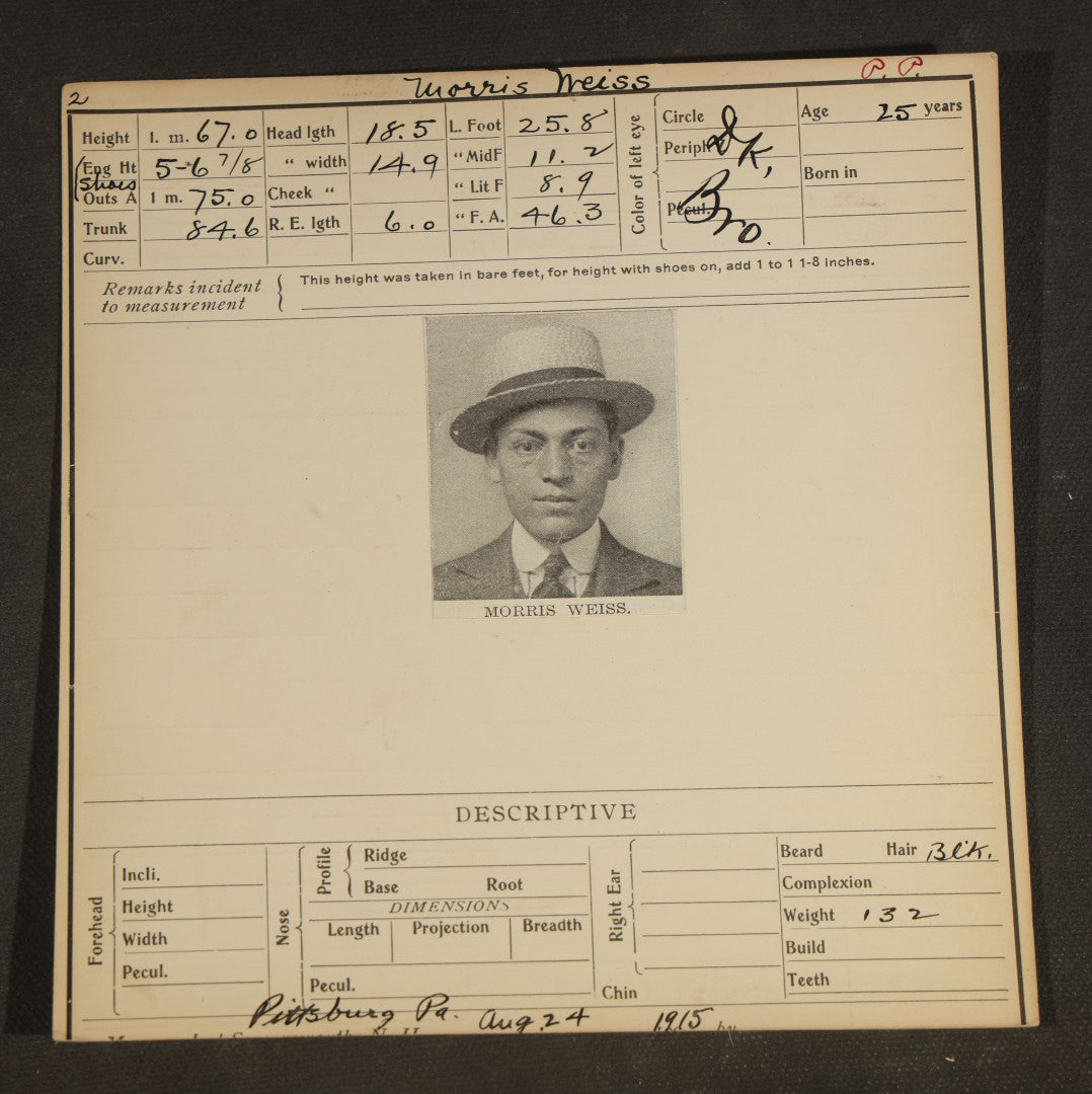 Grouping of Seven Antique Police Mugshot and Arrest Cards with Printed Photographs including John Ryan, Wanted for Auto Theft
