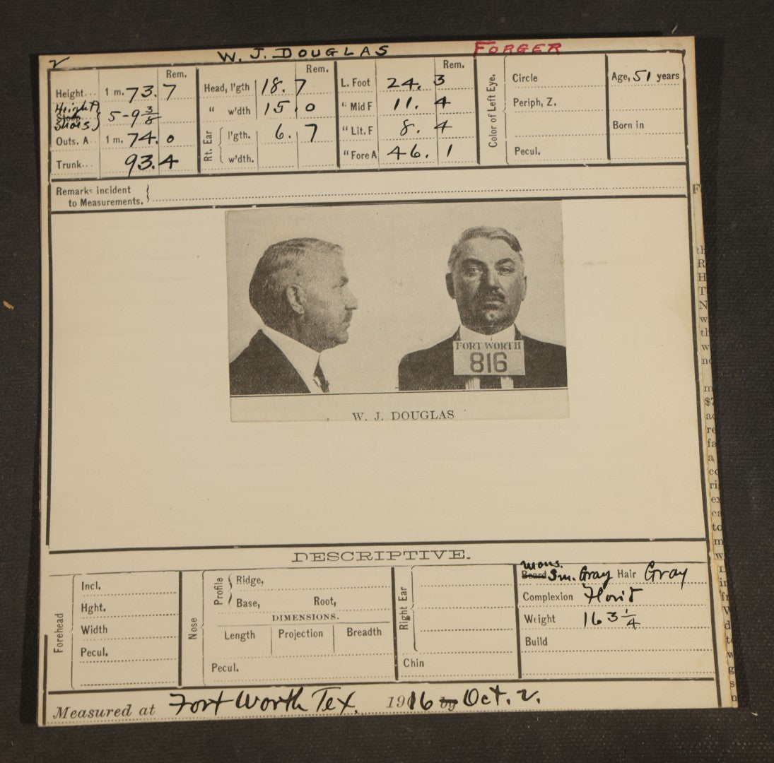Grouping of Seven Antique Police Mugshot and Arrest Cards with Printed Photographs including John Ryan, Wanted for Auto Theft