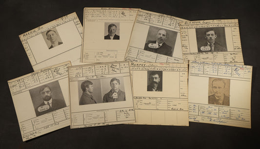 Grouping of Seven Antique Police Mugshot and Arrest Cards with Photographs including Edward Mullen of Massachusetts State Prison, John Murphy "Yegg" Safe Blower, and Arthur Williams