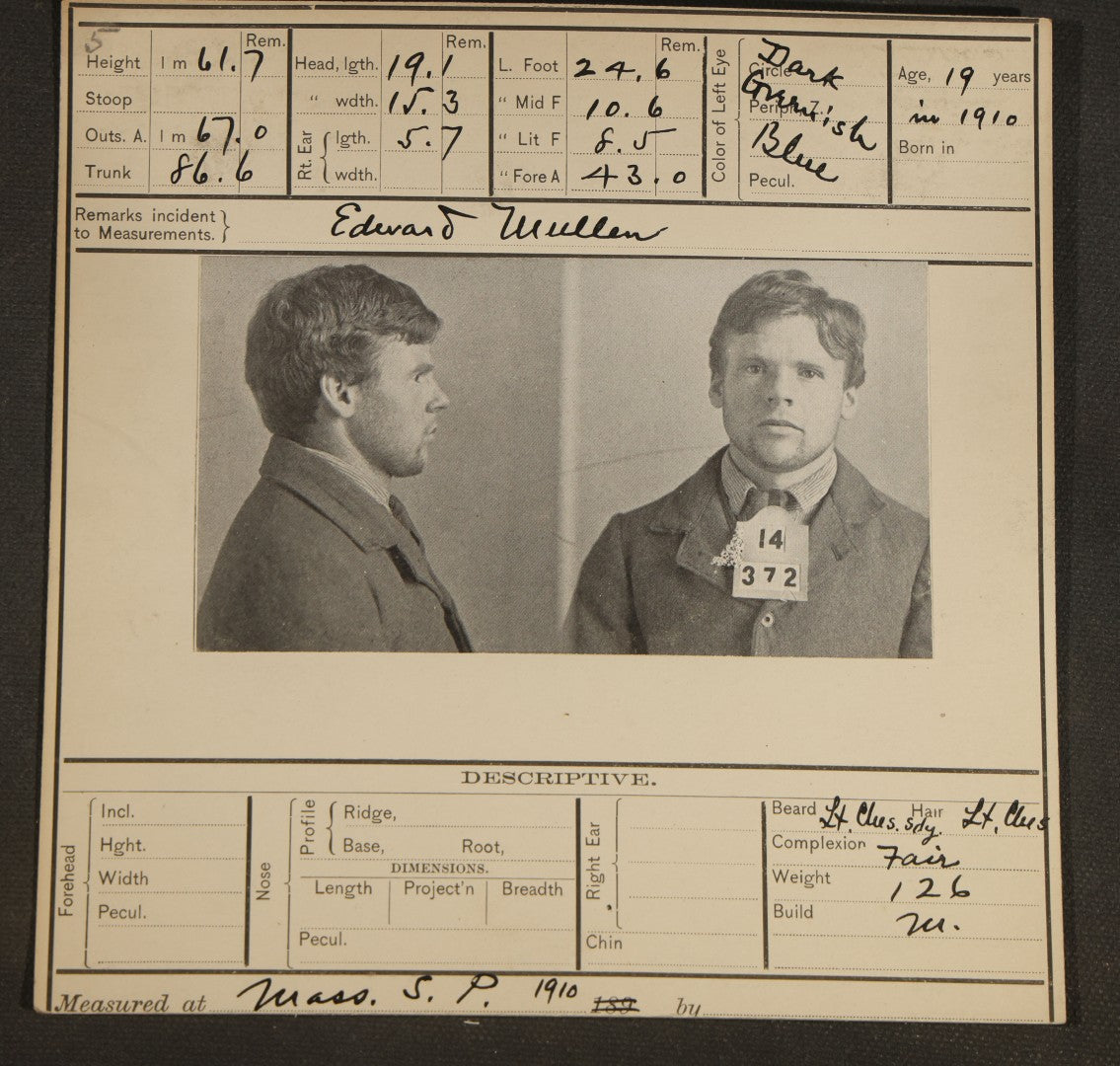 Grouping of Seven Antique Police Mugshot and Arrest Cards with Photographs including Edward Mullen of Massachusetts State Prison, John Murphy "Yegg" Safe Blower, and Arthur Williams