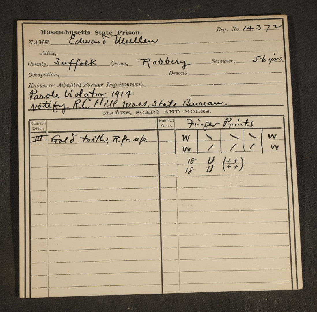 Grouping of Seven Antique Police Mugshot and Arrest Cards with Photographs including Edward Mullen of Massachusetts State Prison, John Murphy "Yegg" Safe Blower, and Arthur Williams