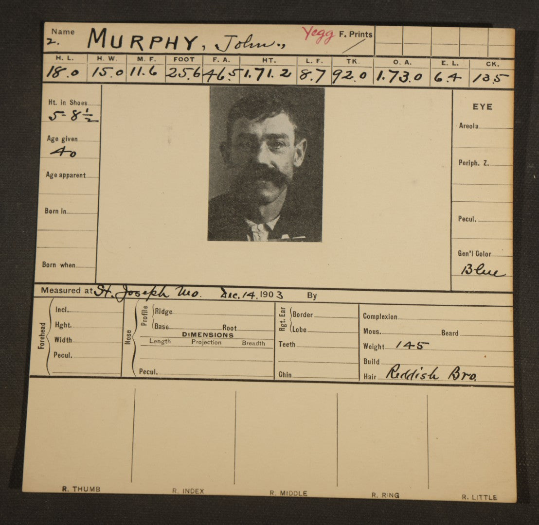 Grouping of Seven Antique Police Mugshot and Arrest Cards with Photographs including Edward Mullen of Massachusetts State Prison, John Murphy "Yegg" Safe Blower, and Arthur Williams