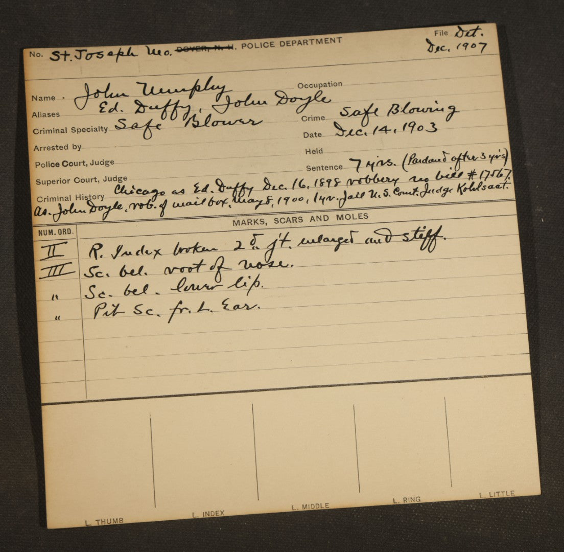 Grouping of Seven Antique Police Mugshot and Arrest Cards with Photographs including Edward Mullen of Massachusetts State Prison, John Murphy "Yegg" Safe Blower, and Arthur Williams