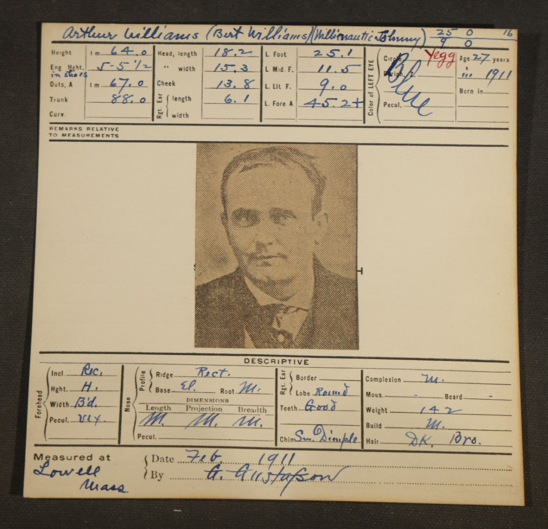 Grouping of Seven Antique Police Mugshot and Arrest Cards with Photographs including Edward Mullen of Massachusetts State Prison, John Murphy "Yegg" Safe Blower, and Arthur Williams