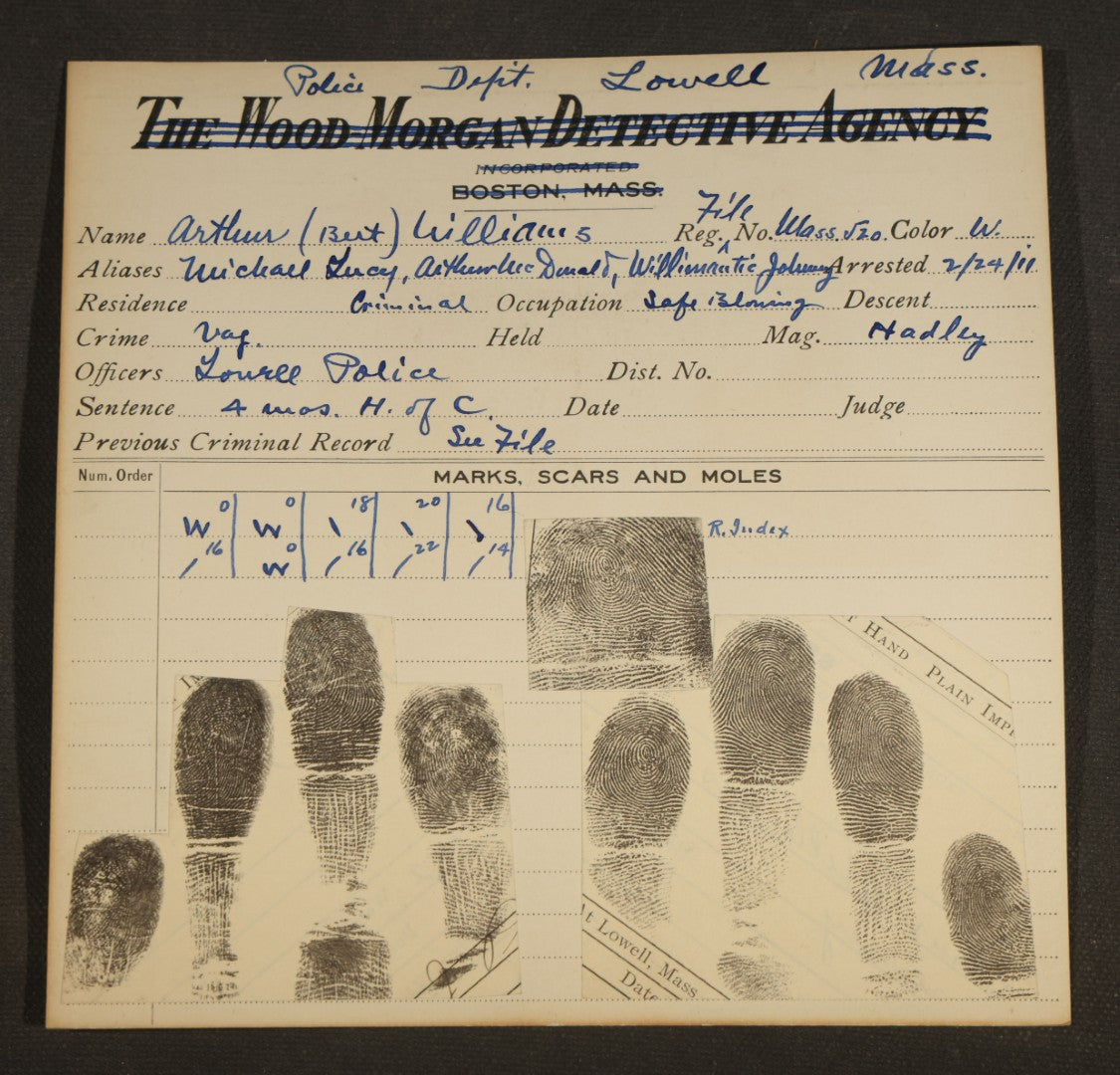 Grouping of Seven Antique Police Mugshot and Arrest Cards with Photographs including Edward Mullen of Massachusetts State Prison, John Murphy "Yegg" Safe Blower, and Arthur Williams