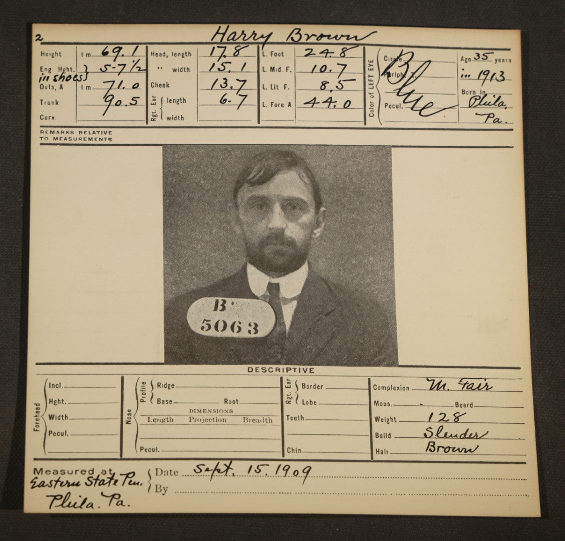 Grouping of Seven Antique Police Mugshot and Arrest Cards with Photographs including Edward Mullen of Massachusetts State Prison, John Murphy "Yegg" Safe Blower, and Arthur Williams