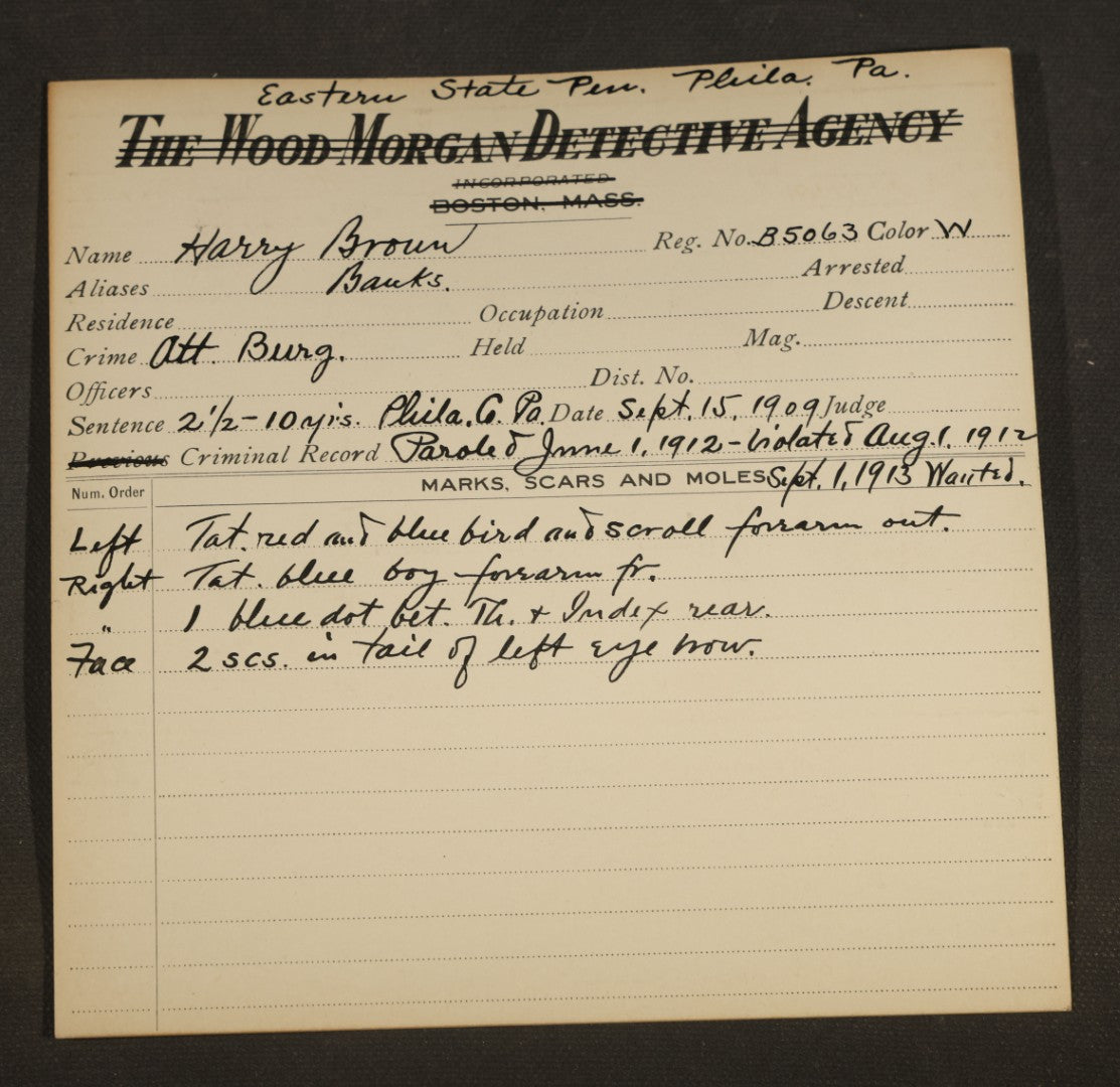 Grouping of Seven Antique Police Mugshot and Arrest Cards with Photographs including Edward Mullen of Massachusetts State Prison, John Murphy "Yegg" Safe Blower, and Arthur Williams