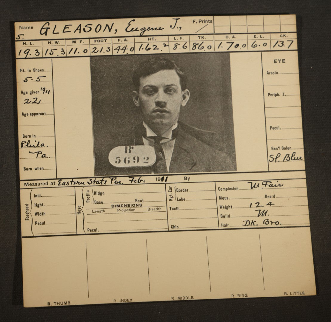 Grouping of Seven Antique Police Mugshot and Arrest Cards with Photographs including Edward Mullen of Massachusetts State Prison, John Murphy "Yegg" Safe Blower, and Arthur Williams