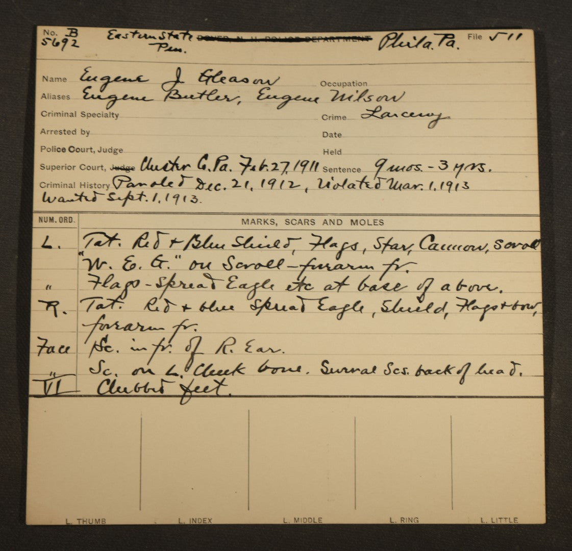 Grouping of Seven Antique Police Mugshot and Arrest Cards with Photographs including Edward Mullen of Massachusetts State Prison, John Murphy "Yegg" Safe Blower, and Arthur Williams