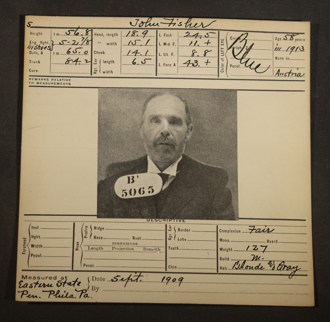 Grouping of Seven Antique Police Mugshot and Arrest Cards with Photographs including Edward Mullen of Massachusetts State Prison, John Murphy "Yegg" Safe Blower, and Arthur Williams