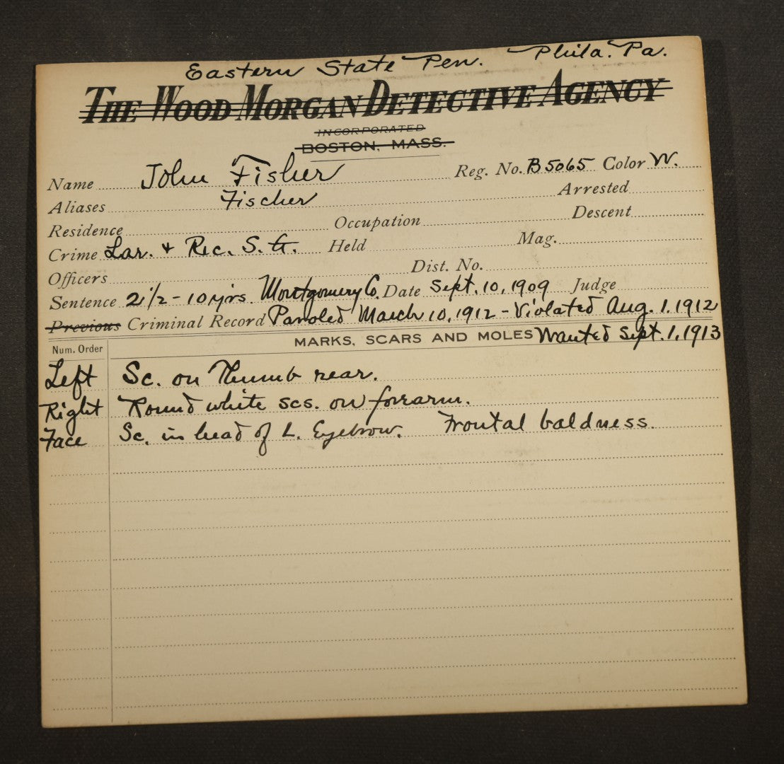Grouping of Seven Antique Police Mugshot and Arrest Cards with Photographs including Edward Mullen of Massachusetts State Prison, John Murphy "Yegg" Safe Blower, and Arthur Williams
