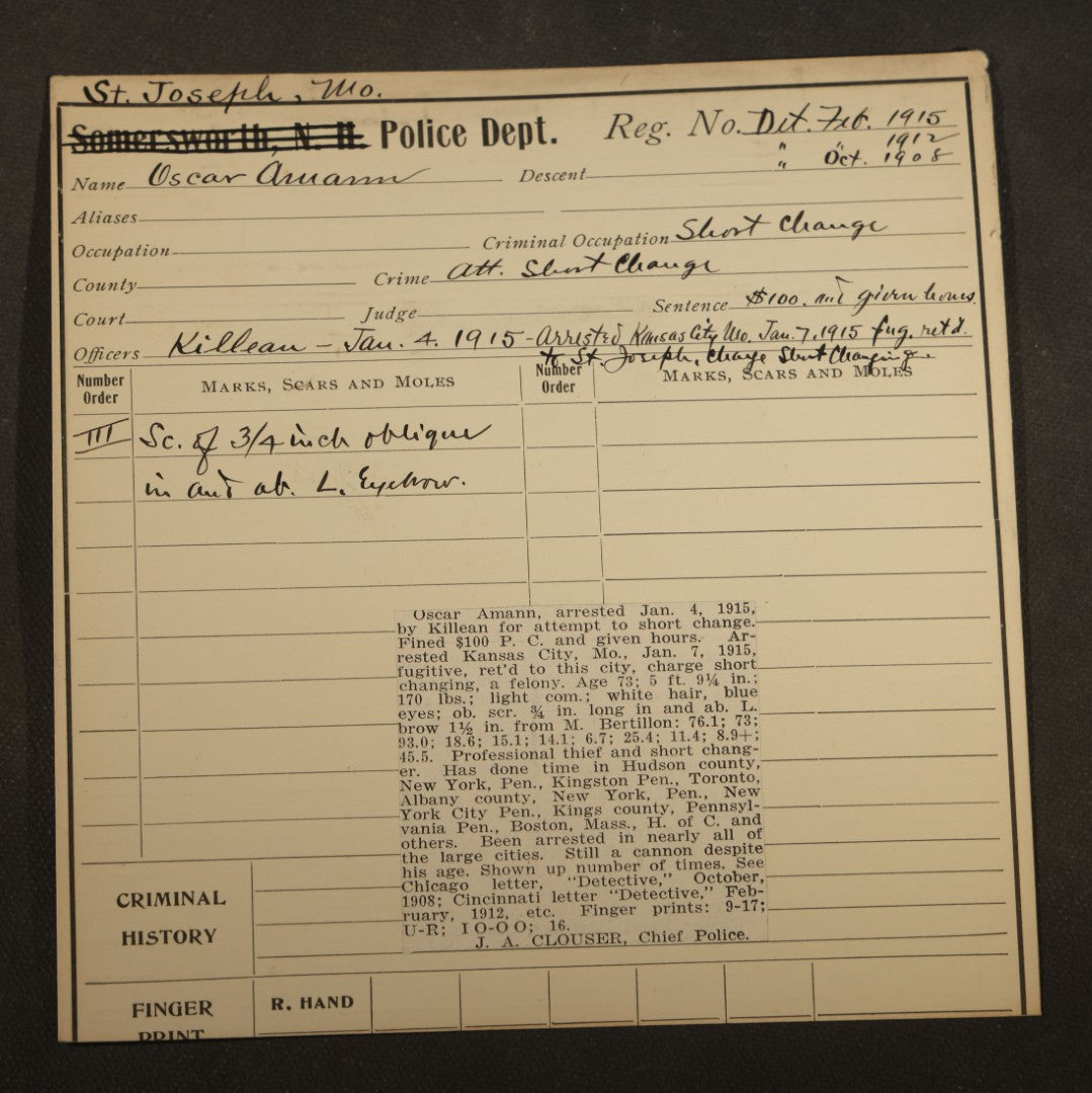 Grouping of Seven Antique Police Mugshot and Arrest Cards with Photographs including Edward Mullen of Massachusetts State Prison, John Murphy "Yegg" Safe Blower, and Arthur Williams