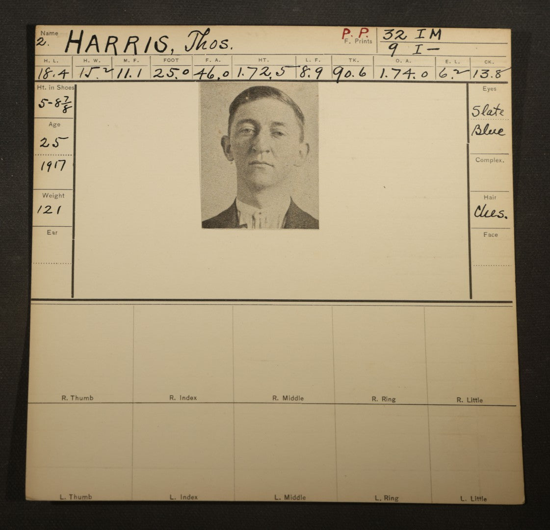 Grouping of Seven Antique Police Mugshot and Arrest Cards with Photographs including Edward Mullen of Massachusetts State Prison, John Murphy "Yegg" Safe Blower, and Arthur Williams