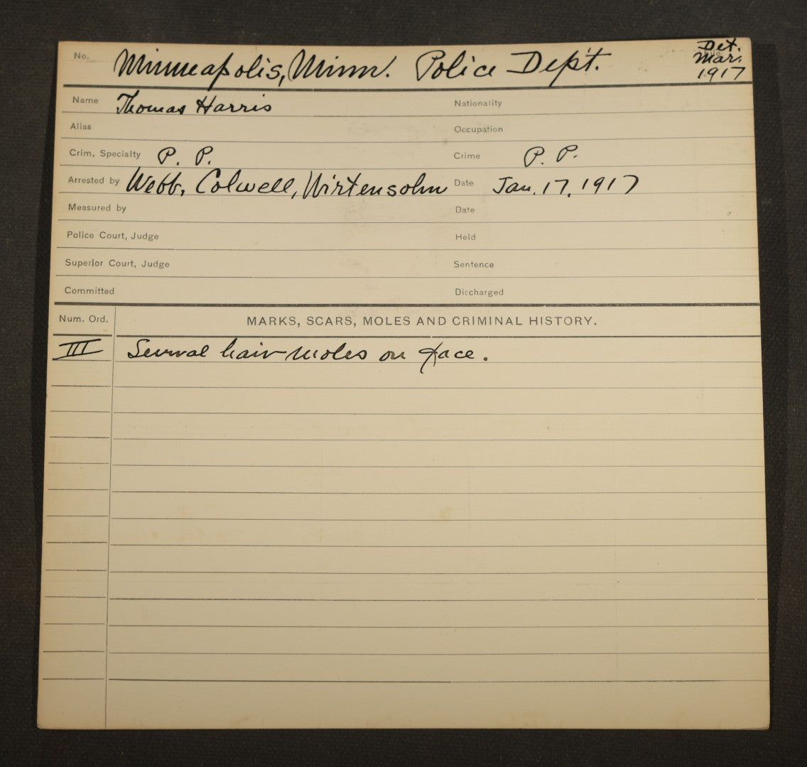 Grouping of Seven Antique Police Mugshot and Arrest Cards with Photographs including Edward Mullen of Massachusetts State Prison, John Murphy "Yegg" Safe Blower, and Arthur Williams