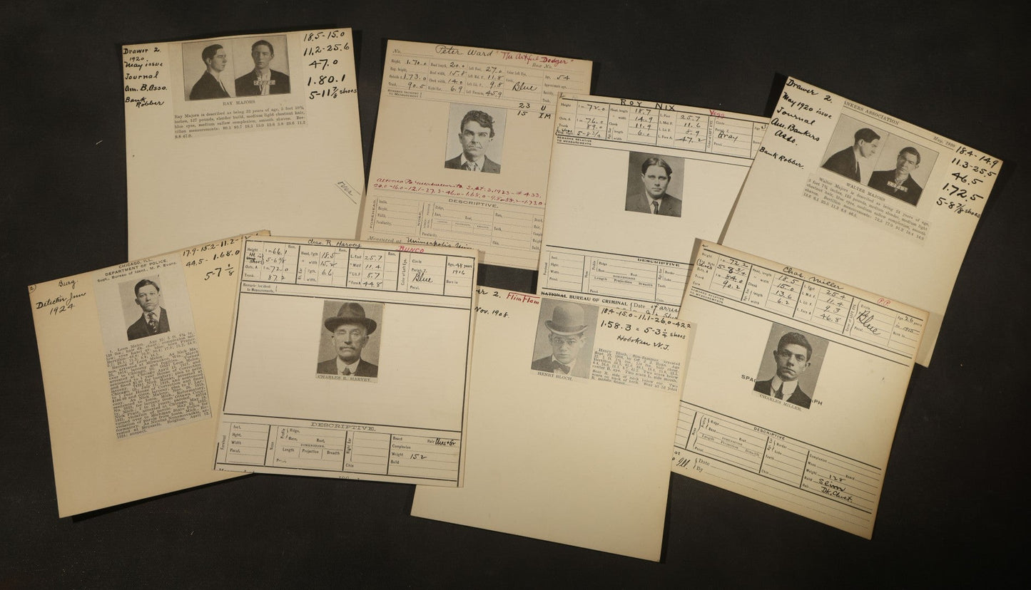 Grouping of Eight Antique Mugshot and Arrest Cards with Printed Photographs Including Peter Ward "The Artful Dodger," Burglar, and Ray Majors, Bank Robber