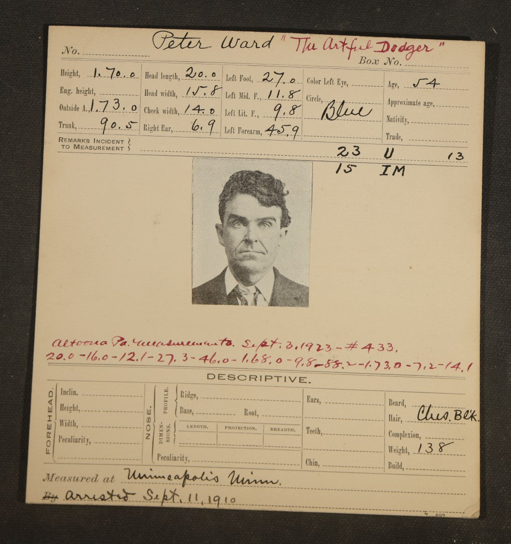 Grouping of Eight Antique Mugshot and Arrest Cards with Printed Photographs Including Peter Ward "The Artful Dodger," Burglar, and Ray Majors, Bank Robber