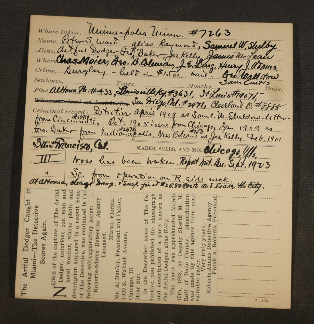 Grouping of Eight Antique Mugshot and Arrest Cards with Printed Photographs Including Peter Ward "The Artful Dodger," Burglar, and Ray Majors, Bank Robber