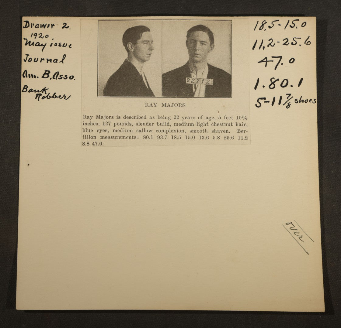 Grouping of Eight Antique Mugshot and Arrest Cards with Printed Photographs Including Peter Ward "The Artful Dodger," Burglar, and Ray Majors, Bank Robber