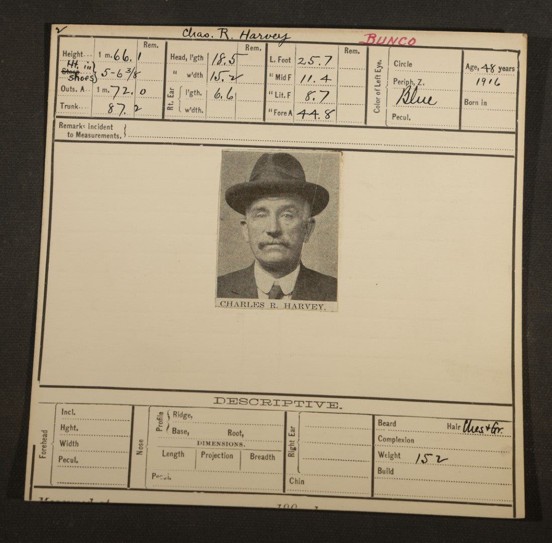 Grouping of Eight Antique Mugshot and Arrest Cards with Printed Photographs Including Peter Ward "The Artful Dodger," Burglar, and Ray Majors, Bank Robber