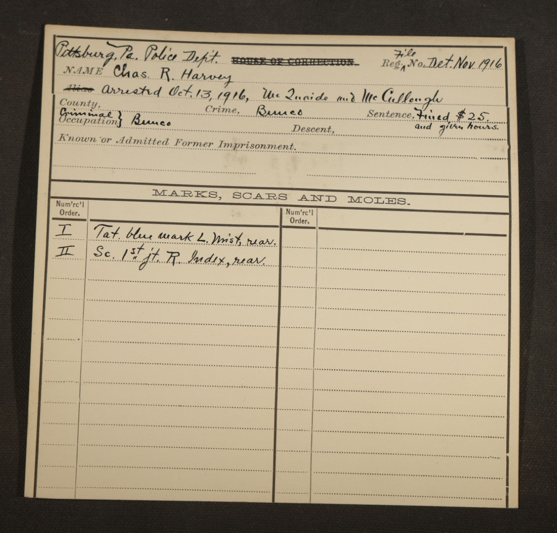Grouping of Eight Antique Mugshot and Arrest Cards with Printed Photographs Including Peter Ward "The Artful Dodger," Burglar, and Ray Majors, Bank Robber
