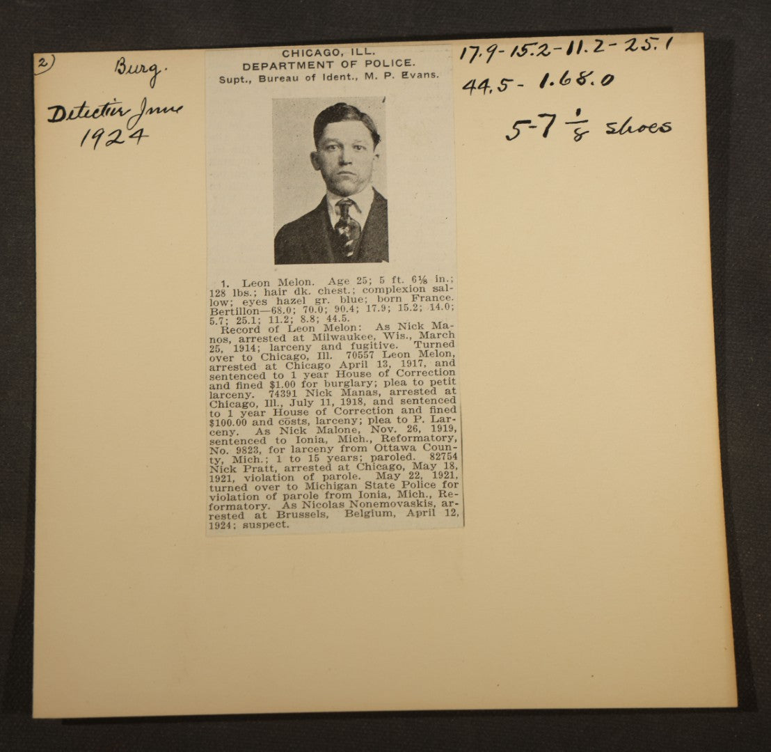 Grouping of Eight Antique Mugshot and Arrest Cards with Printed Photographs Including Peter Ward "The Artful Dodger," Burglar, and Ray Majors, Bank Robber