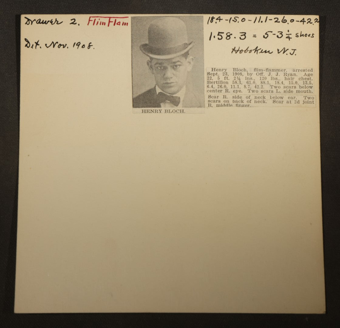 Grouping of Eight Antique Mugshot and Arrest Cards with Printed Photographs Including Peter Ward "The Artful Dodger," Burglar, and Ray Majors, Bank Robber