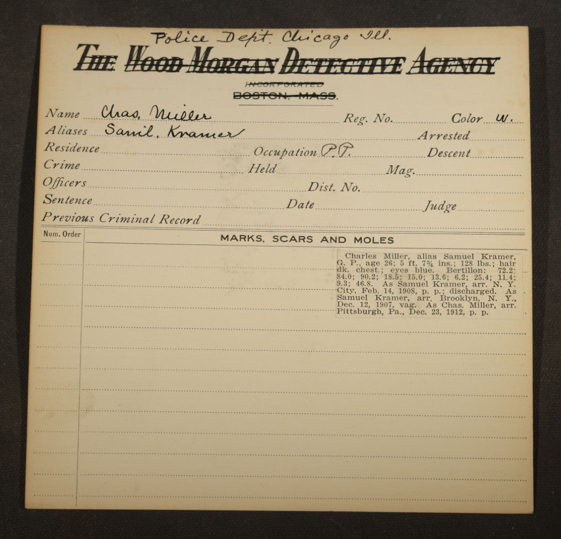 Grouping of Eight Antique Mugshot and Arrest Cards with Printed Photographs Including Peter Ward "The Artful Dodger," Burglar, and Ray Majors, Bank Robber