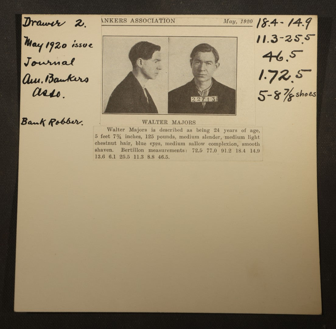 Grouping of Eight Antique Mugshot and Arrest Cards with Printed Photographs Including Peter Ward "The Artful Dodger," Burglar, and Ray Majors, Bank Robber