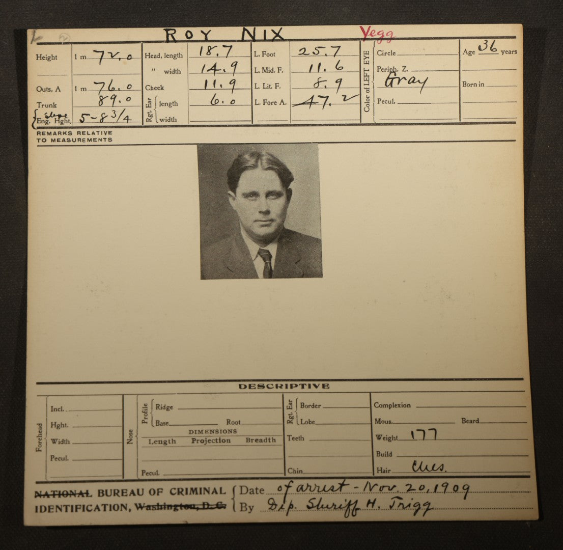 Grouping of Eight Antique Mugshot and Arrest Cards with Printed Photographs Including Peter Ward "The Artful Dodger," Burglar, and Ray Majors, Bank Robber