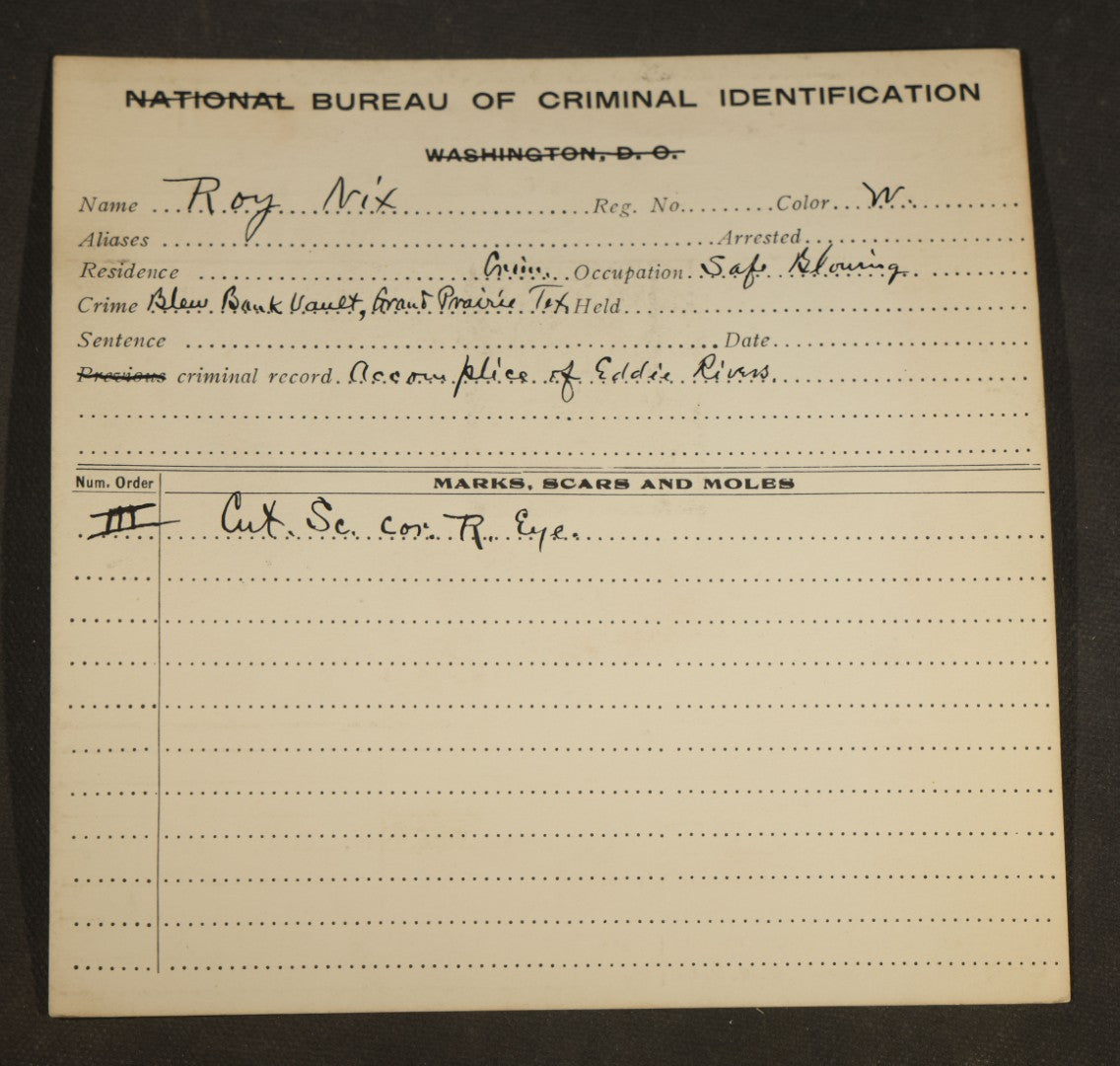 Grouping of Eight Antique Mugshot and Arrest Cards with Printed Photographs Including Peter Ward "The Artful Dodger," Burglar, and Ray Majors, Bank Robber