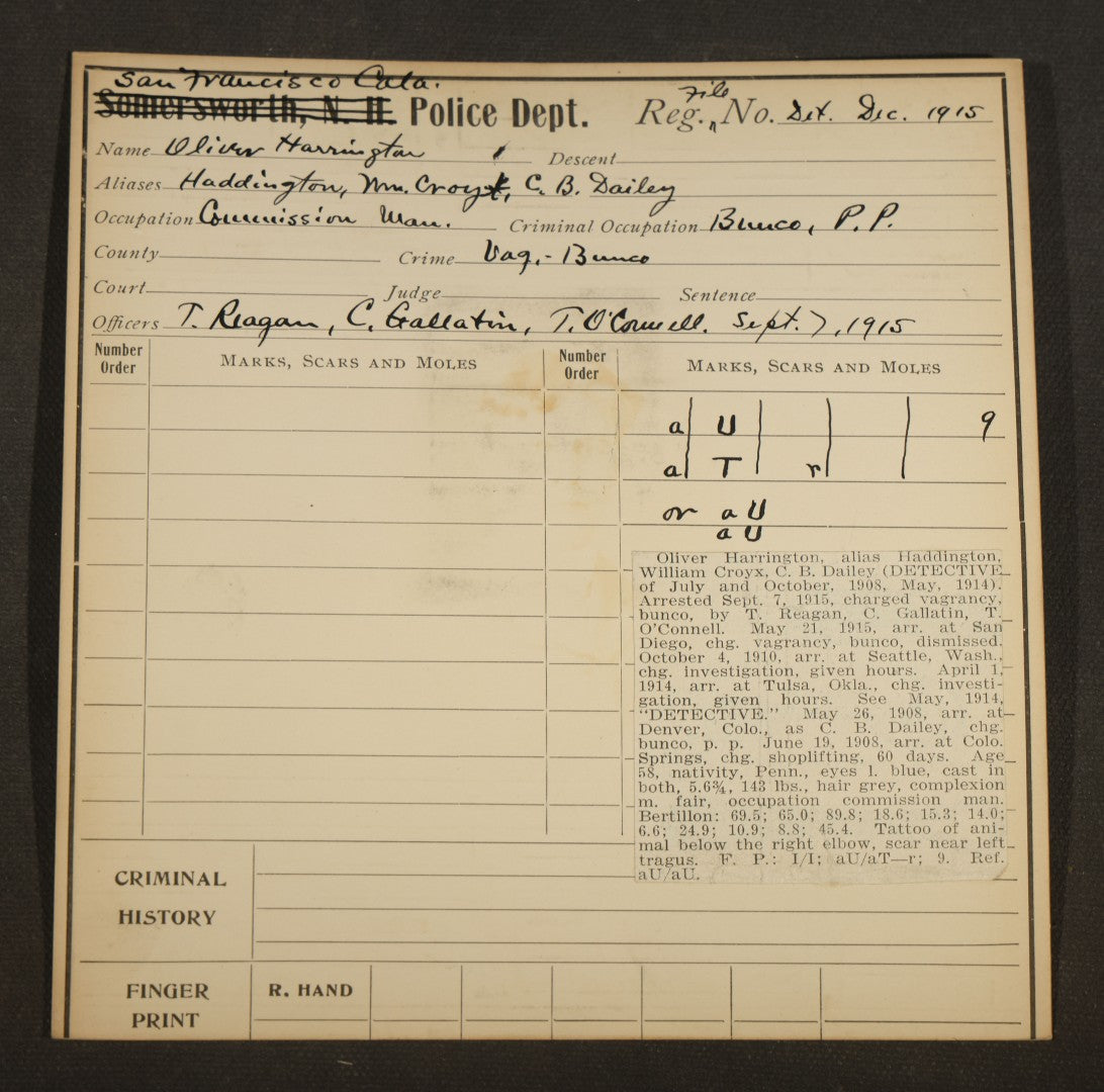 Grouping of Eight Antique Police Mugshot and Arrest Cards with Printed Photographs including Oliver Harrington, San Francisco, Henry Lane, Indianapolis, Ruby Oback, Detroit, and Samuel Kauffman, Newark