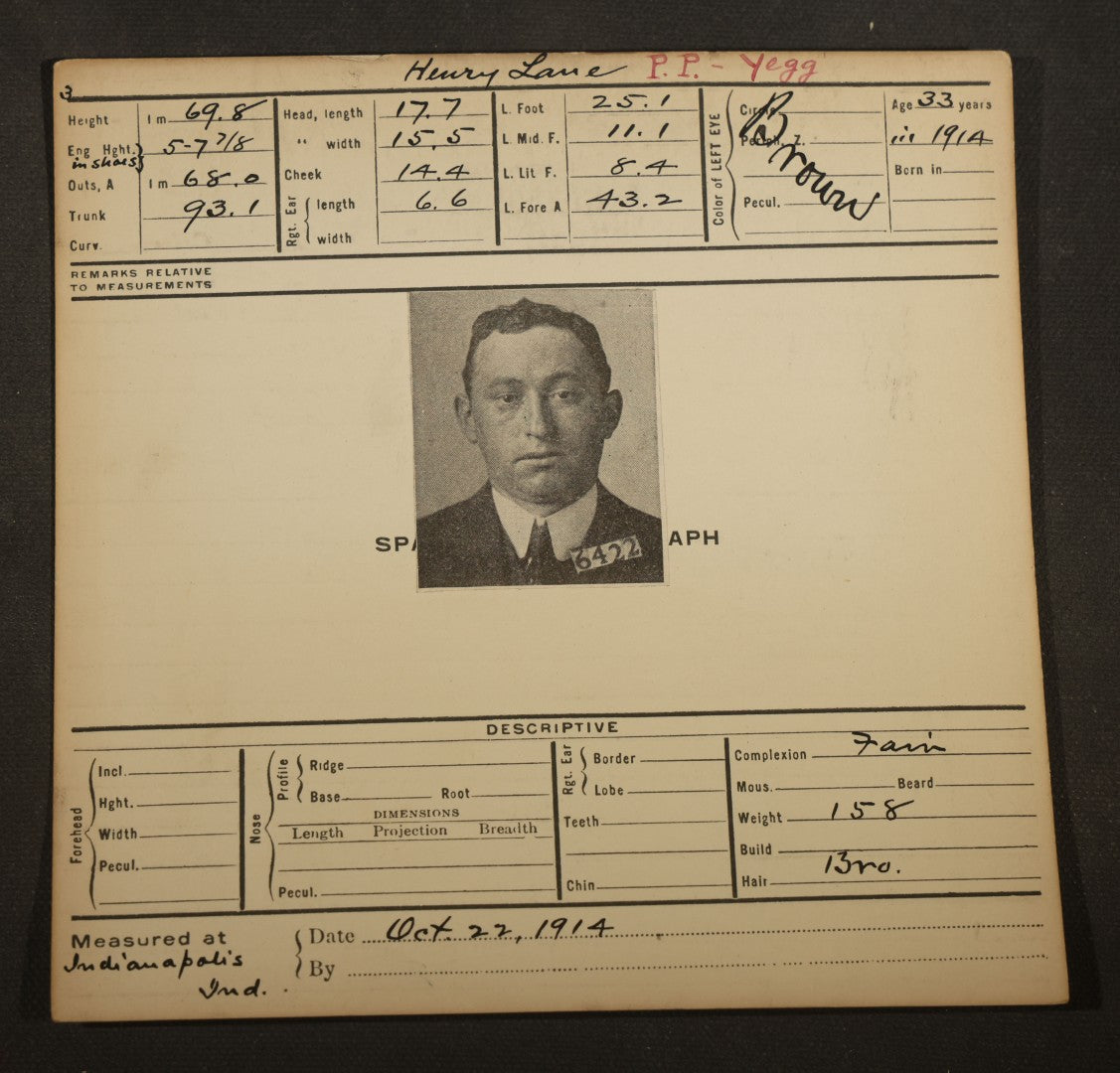 Grouping of Eight Antique Police Mugshot and Arrest Cards with Printed Photographs including Oliver Harrington, San Francisco, Henry Lane, Indianapolis, Ruby Oback, Detroit, and Samuel Kauffman, Newark