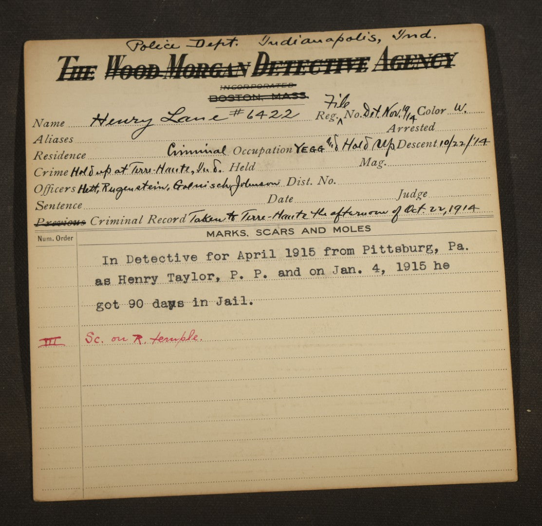 Grouping of Eight Antique Police Mugshot and Arrest Cards with Printed Photographs including Oliver Harrington, San Francisco, Henry Lane, Indianapolis, Ruby Oback, Detroit, and Samuel Kauffman, Newark