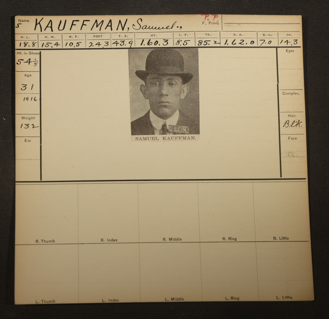 Grouping of Eight Antique Police Mugshot and Arrest Cards with Printed Photographs including Oliver Harrington, San Francisco, Henry Lane, Indianapolis, Ruby Oback, Detroit, and Samuel Kauffman, Newark