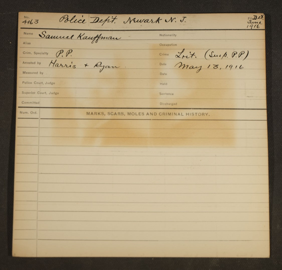 Grouping of Eight Antique Police Mugshot and Arrest Cards with Printed Photographs including Oliver Harrington, San Francisco, Henry Lane, Indianapolis, Ruby Oback, Detroit, and Samuel Kauffman, Newark