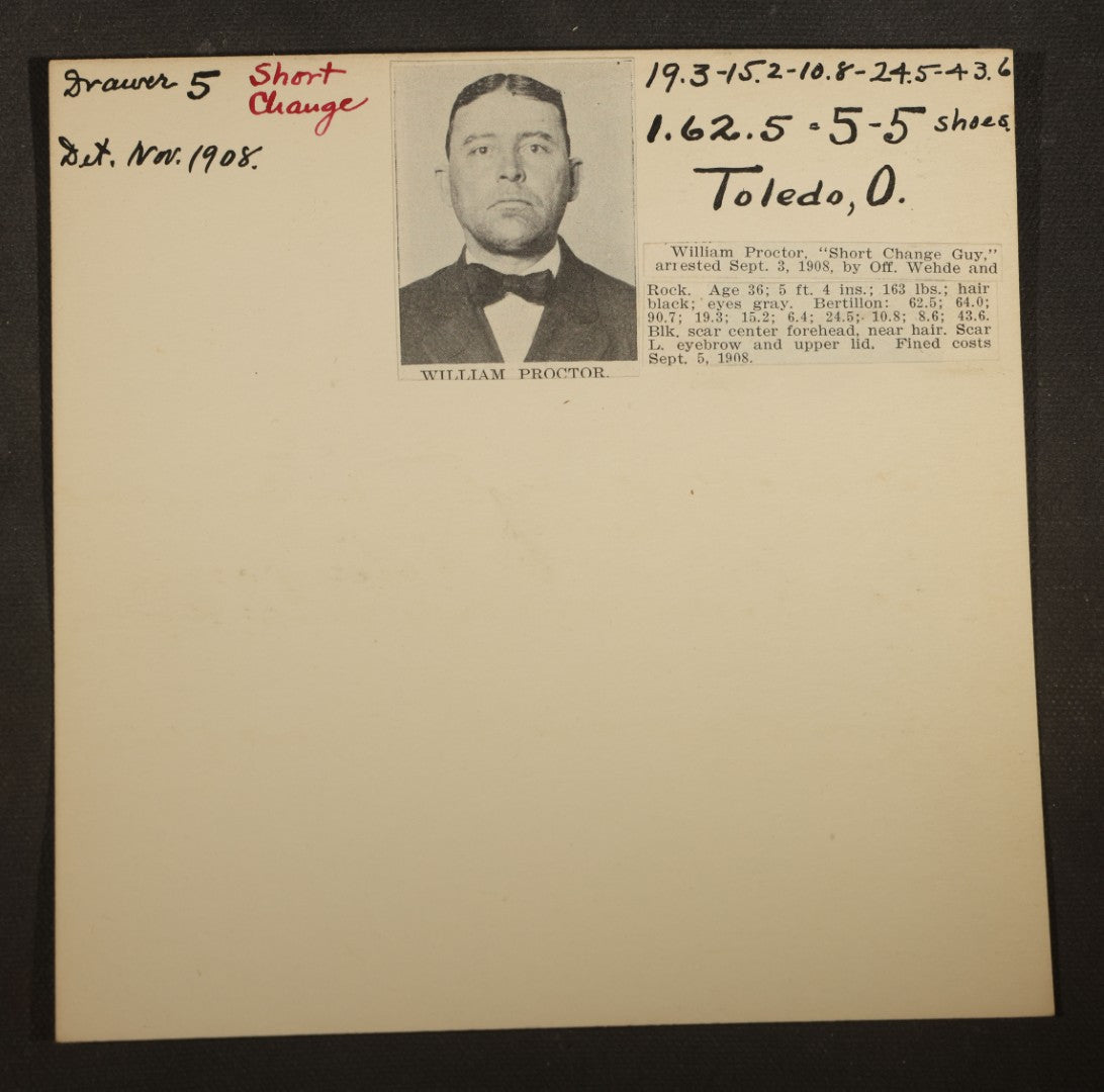 Grouping of Eight Antique Police Mugshot and Arrest Cards with Printed Photographs including Oliver Harrington, San Francisco, Henry Lane, Indianapolis, Ruby Oback, Detroit, and Samuel Kauffman, Newark