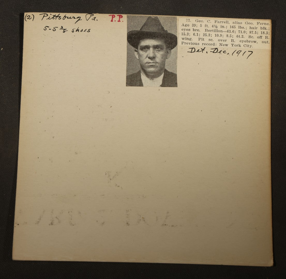 Grouping of Eight Antique Police Mugshot and Arrest Cards with Printed Photographs including Oliver Harrington, San Francisco, Henry Lane, Indianapolis, Ruby Oback, Detroit, and Samuel Kauffman, Newark