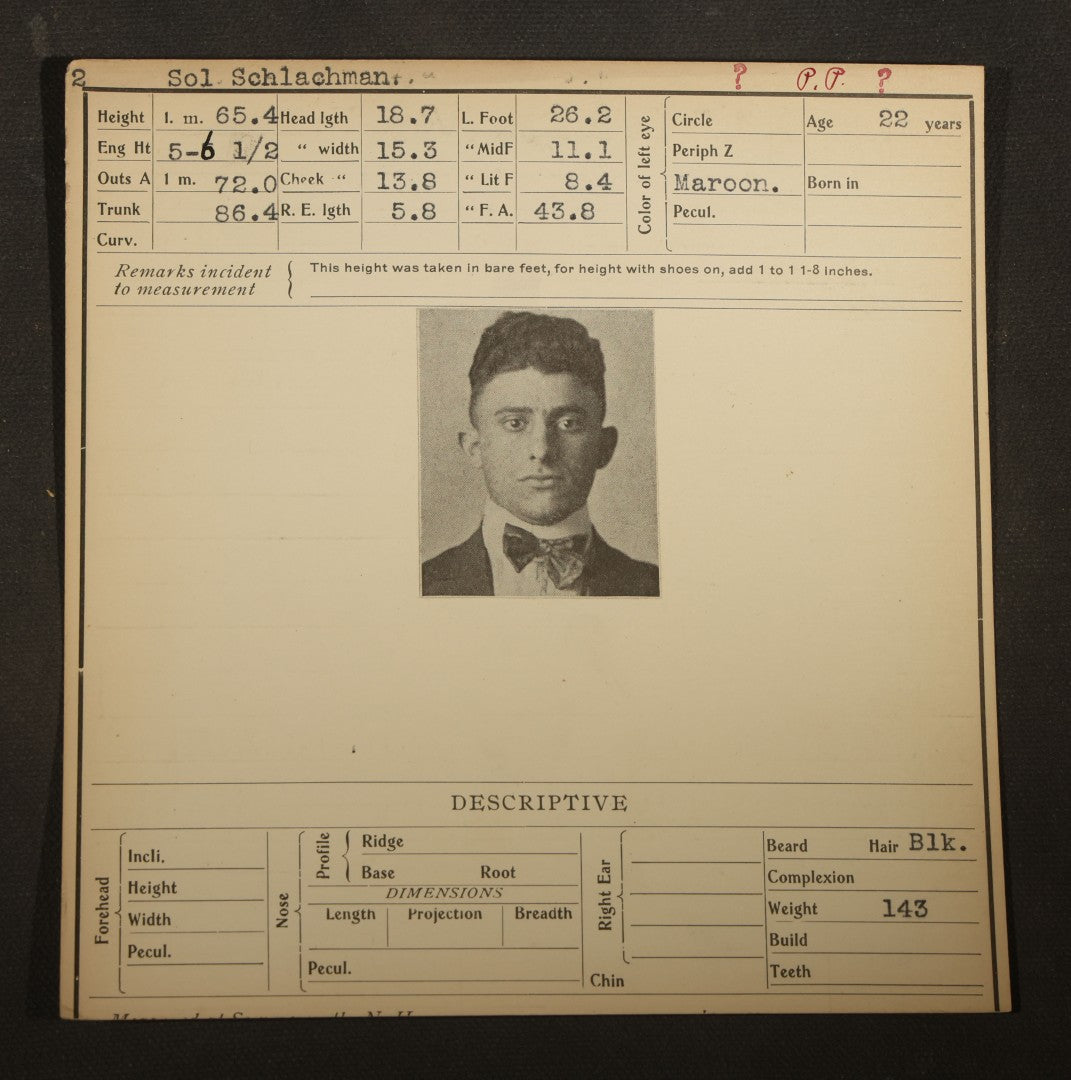 Grouping of Eight Antique Police Mugshot and Arrest Cards with Printed Photographs including Oliver Harrington, San Francisco, Henry Lane, Indianapolis, Ruby Oback, Detroit, and Samuel Kauffman, Newark