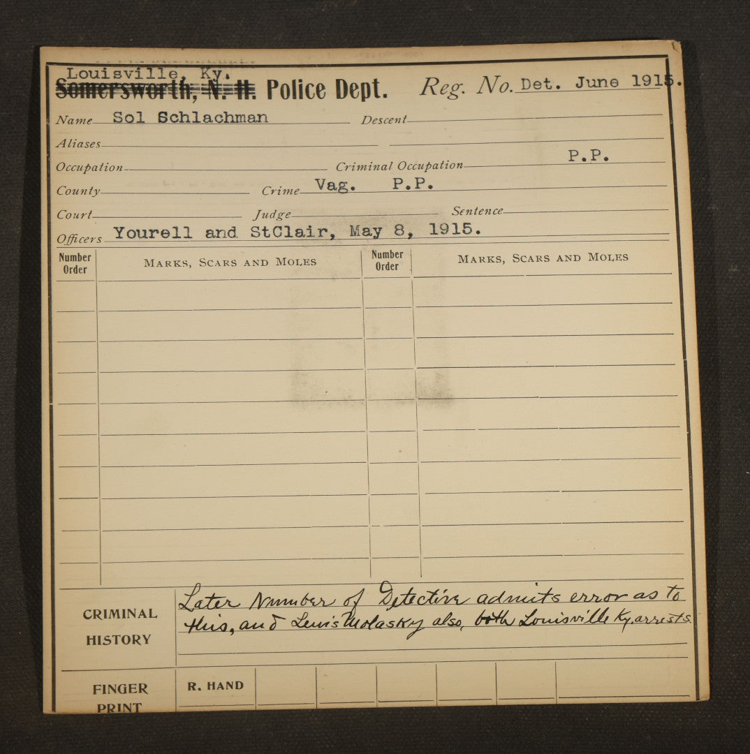 Grouping of Eight Antique Police Mugshot and Arrest Cards with Printed Photographs including Oliver Harrington, San Francisco, Henry Lane, Indianapolis, Ruby Oback, Detroit, and Samuel Kauffman, Newark