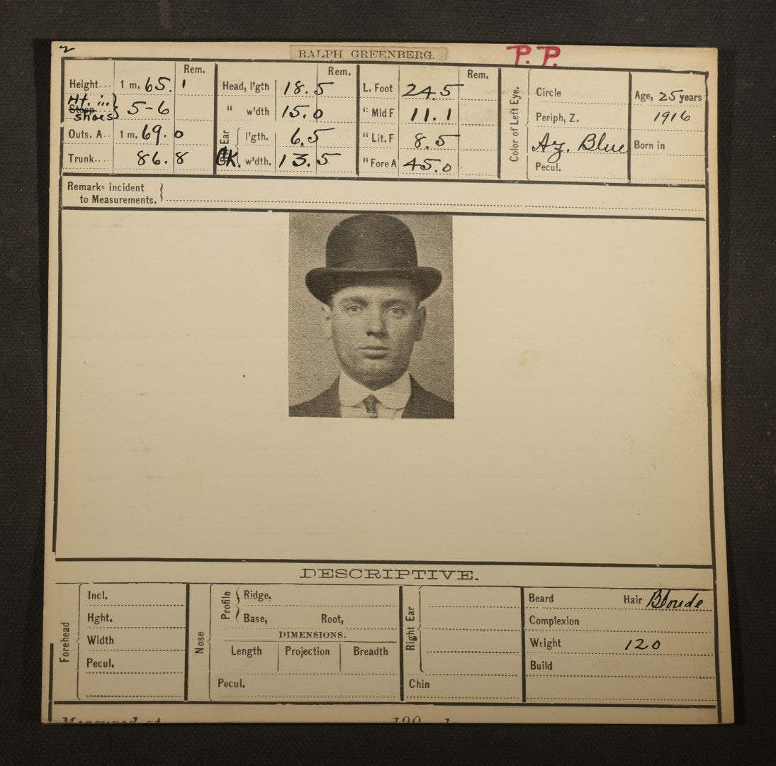 Grouping of Eight Antique Police Mugshot and Arrest Cards with Printed Photographs including Oliver Harrington, San Francisco, Henry Lane, Indianapolis, Ruby Oback, Detroit, and Samuel Kauffman, Newark