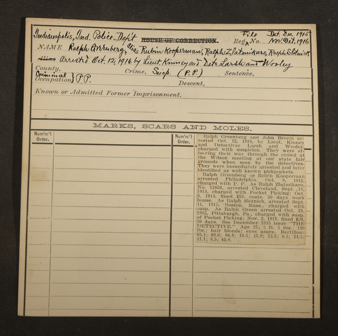 Grouping of Eight Antique Police Mugshot and Arrest Cards with Printed Photographs including Oliver Harrington, San Francisco, Henry Lane, Indianapolis, Ruby Oback, Detroit, and Samuel Kauffman, Newark
