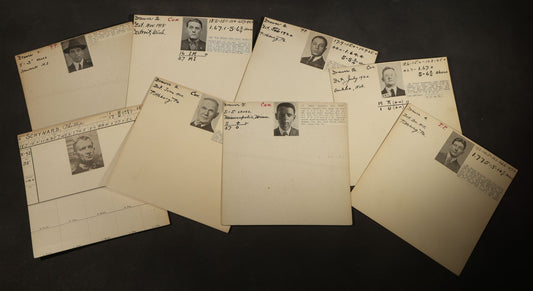 Grouping of Eight Antique Police Mugshot and Criminal Record Cards with Printed Photographs including Phillip Schynard, Kansas State Penitentiary First Degree Murder Escapee, and Con Men from Pittsburgh, Pennsylvania