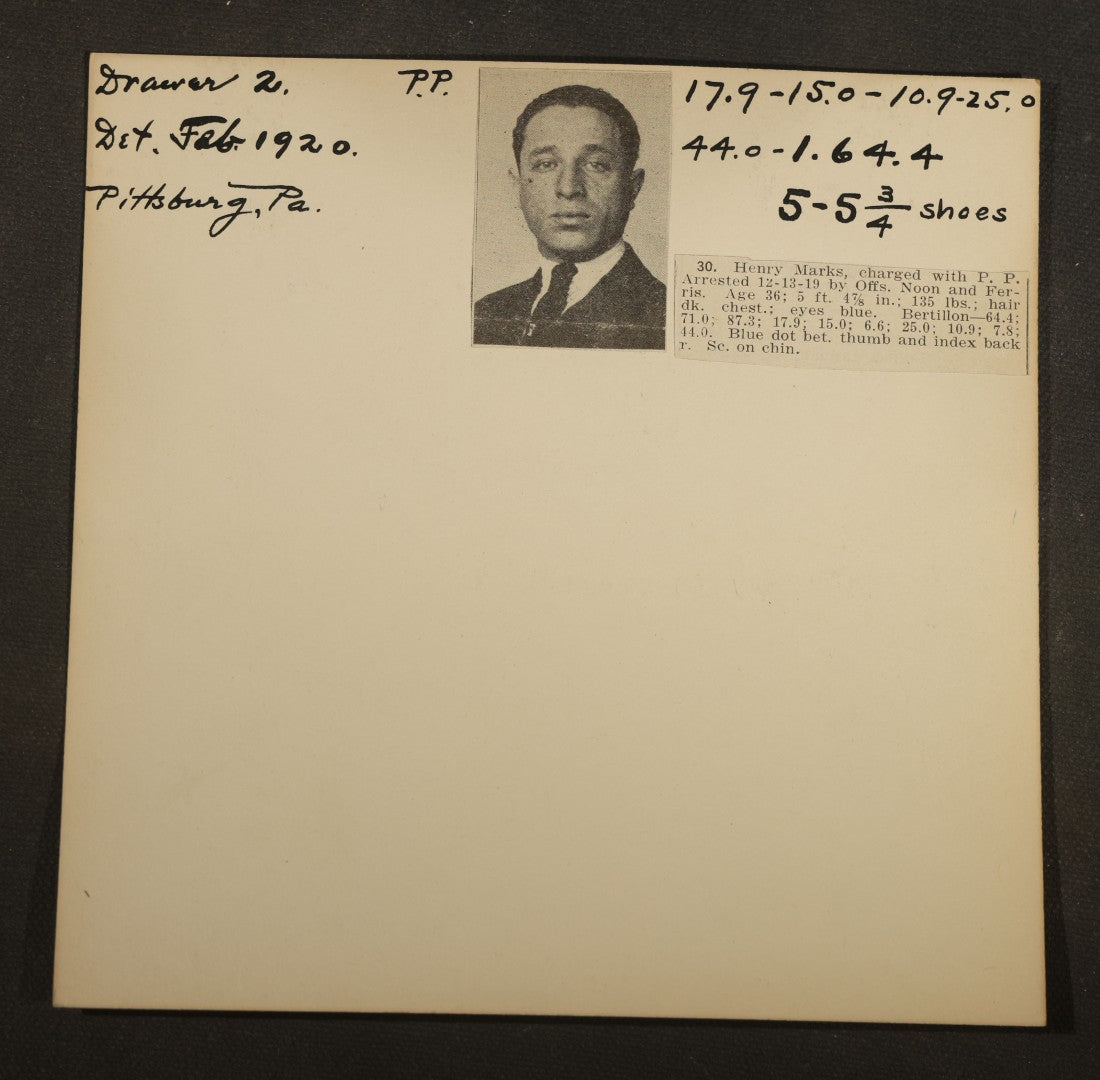 Grouping of Eight Antique Police Mugshot and Criminal Record Cards with Printed Photographs including Phillip Schynard, Kansas State Penitentiary First Degree Murder Escapee, and Con Men from Pittsburgh, Pennsylvania