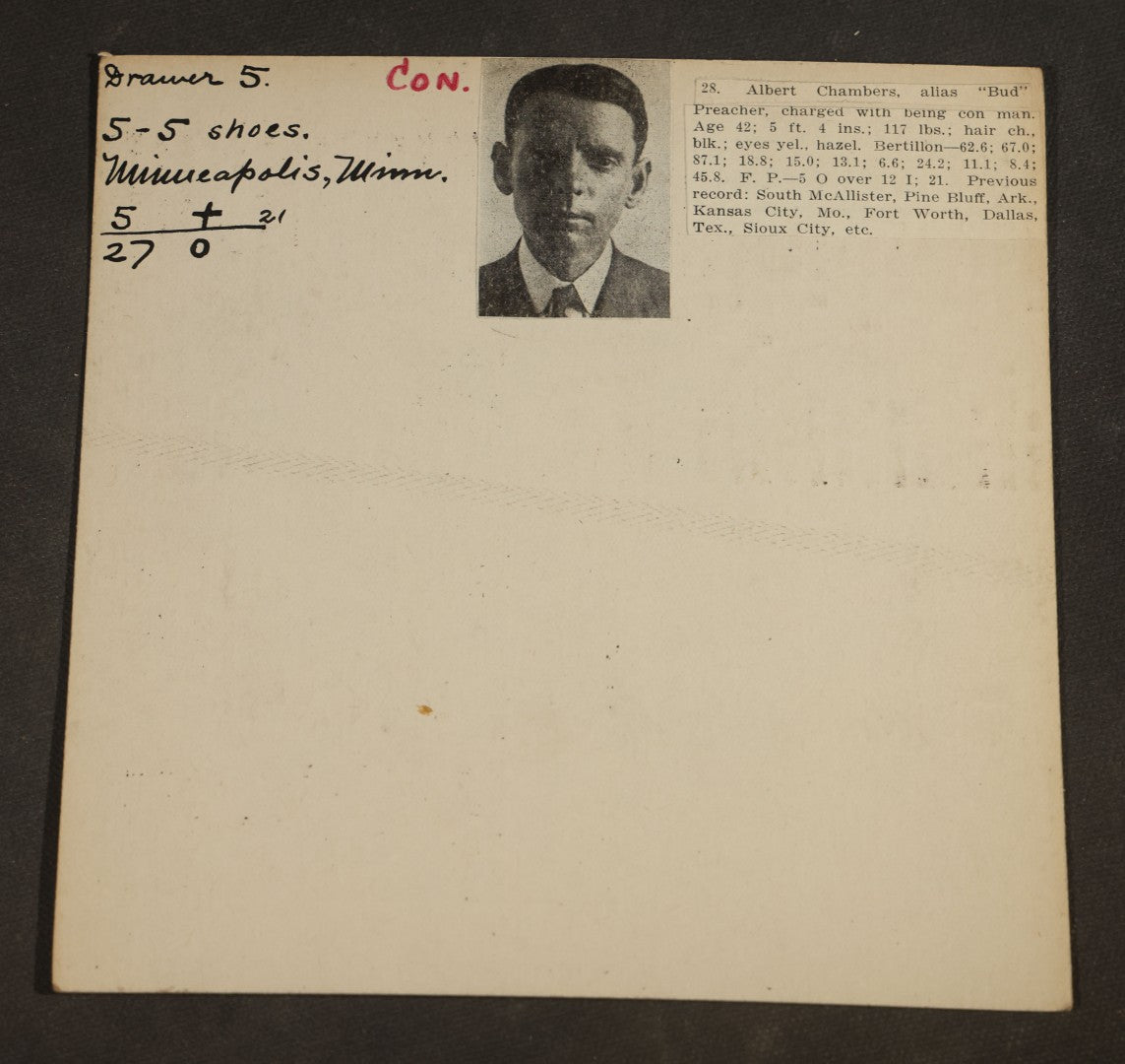 Grouping of Eight Antique Police Mugshot and Criminal Record Cards with Printed Photographs including Phillip Schynard, Kansas State Penitentiary First Degree Murder Escapee, and Con Men from Pittsburgh, Pennsylvania